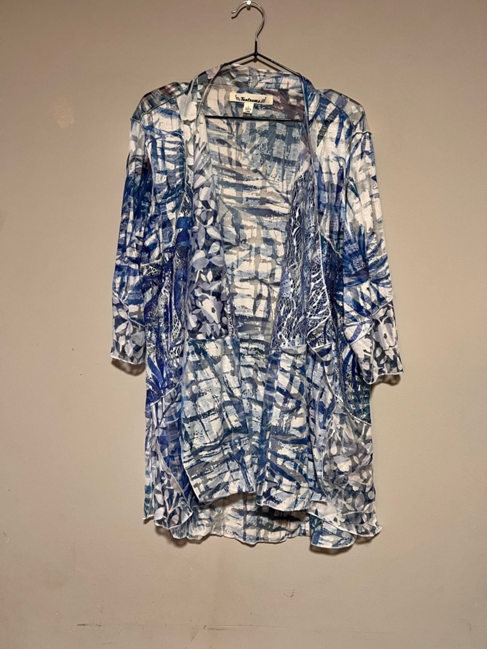 Tantrums Womens Large Blue White Floral Sheer Cover Up Open Front 3/4 Sleeve